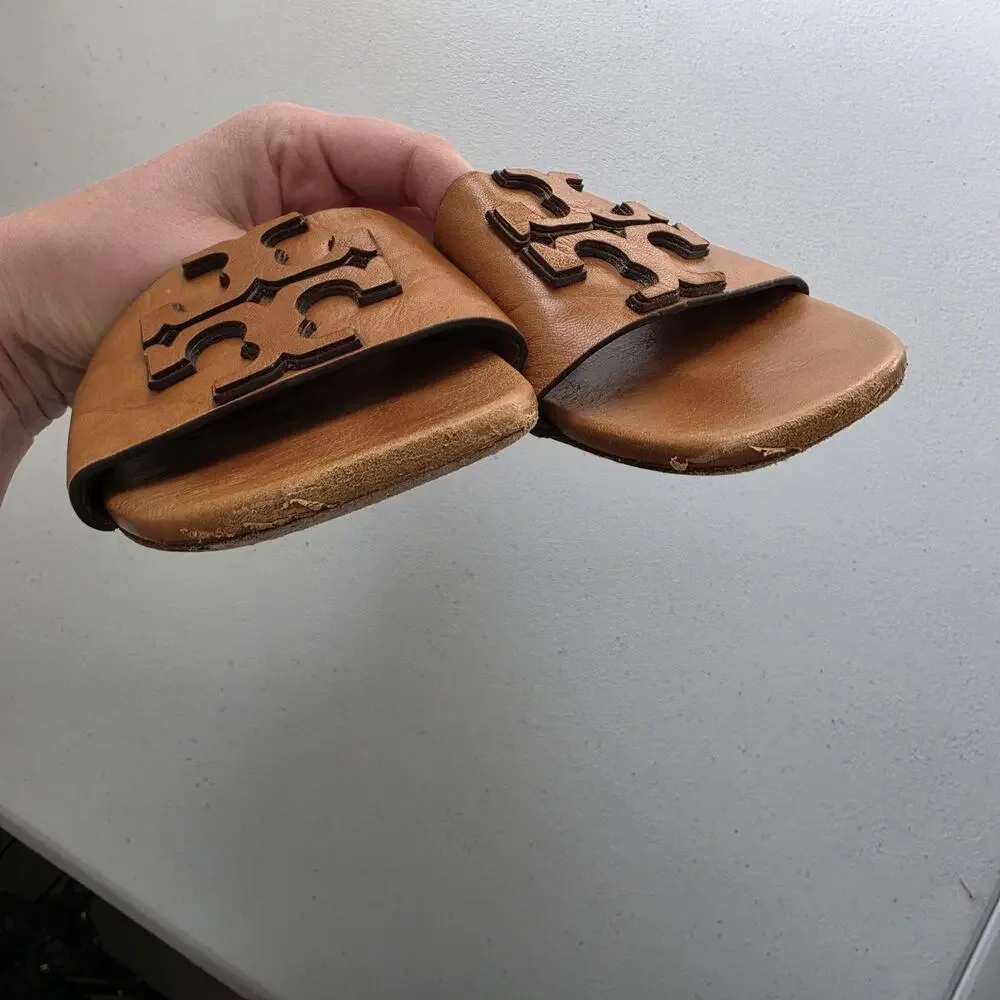 Tory Burch Sandals Womens Size 7.5 Brown Leather Slide Logo Slip On Flat